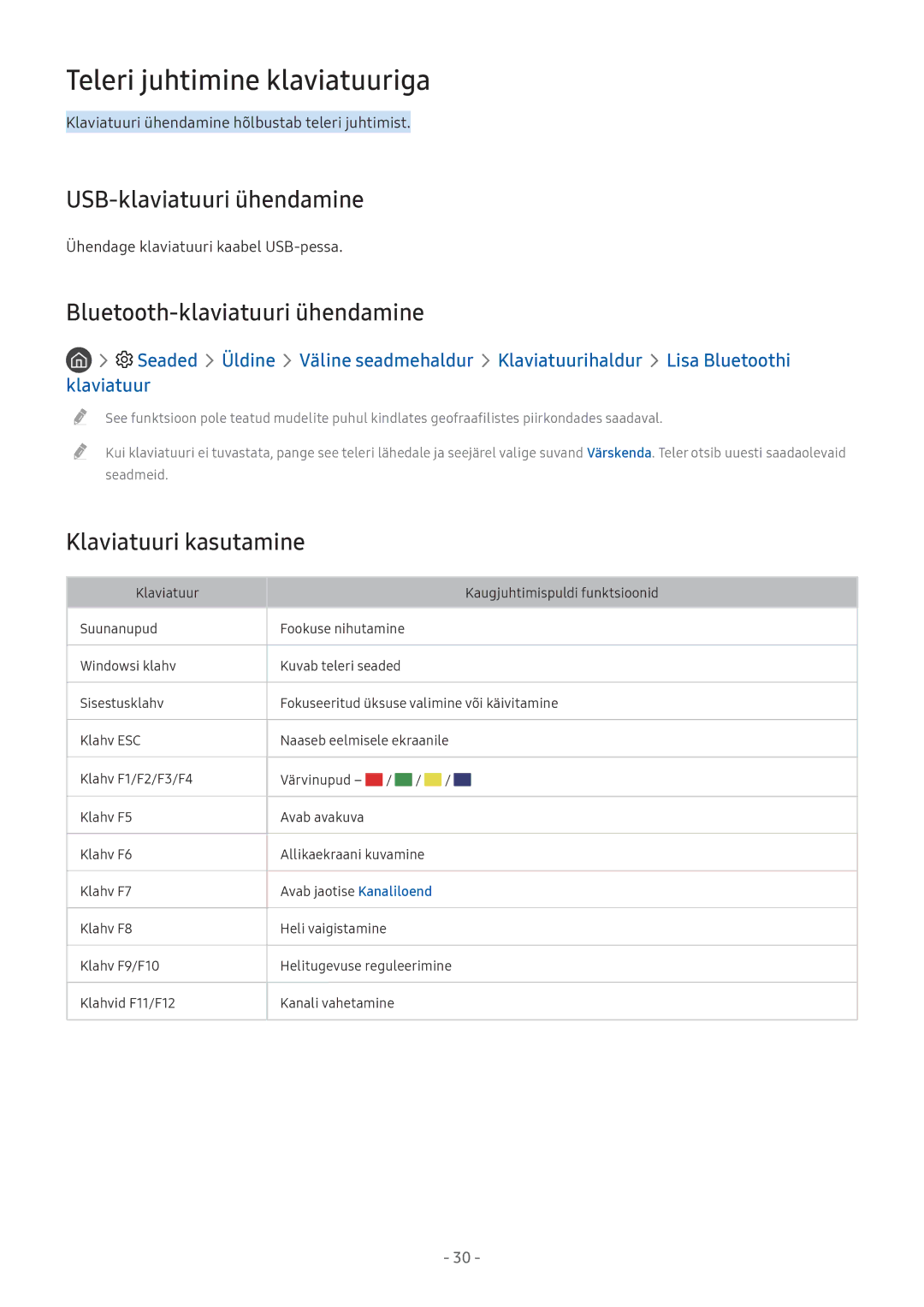 Samsung UE43M5522AKXXH manual Teleri juhtimine klaviatuuriga, USB-klaviatuuri ühendamine, Bluetooth-klaviatuuri ühendamine 