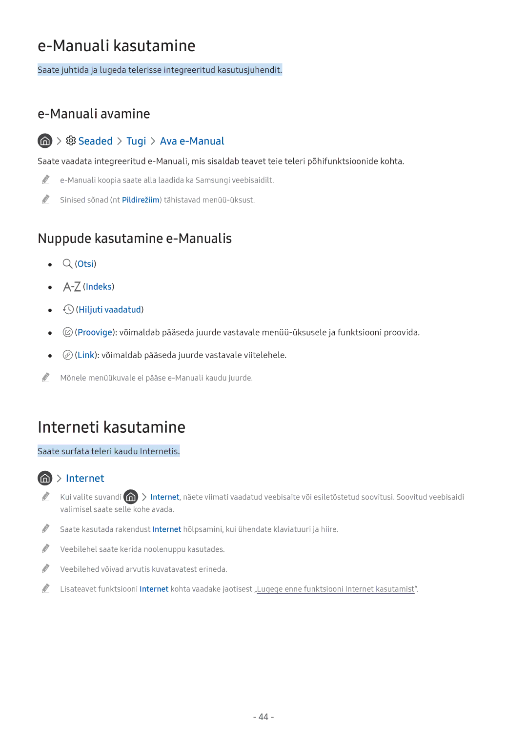 Samsung UE43M5502AKXXH manual Manuali kasutamine, Interneti kasutamine, Manuali avamine, Nuppude kasutamine e-Manualis 