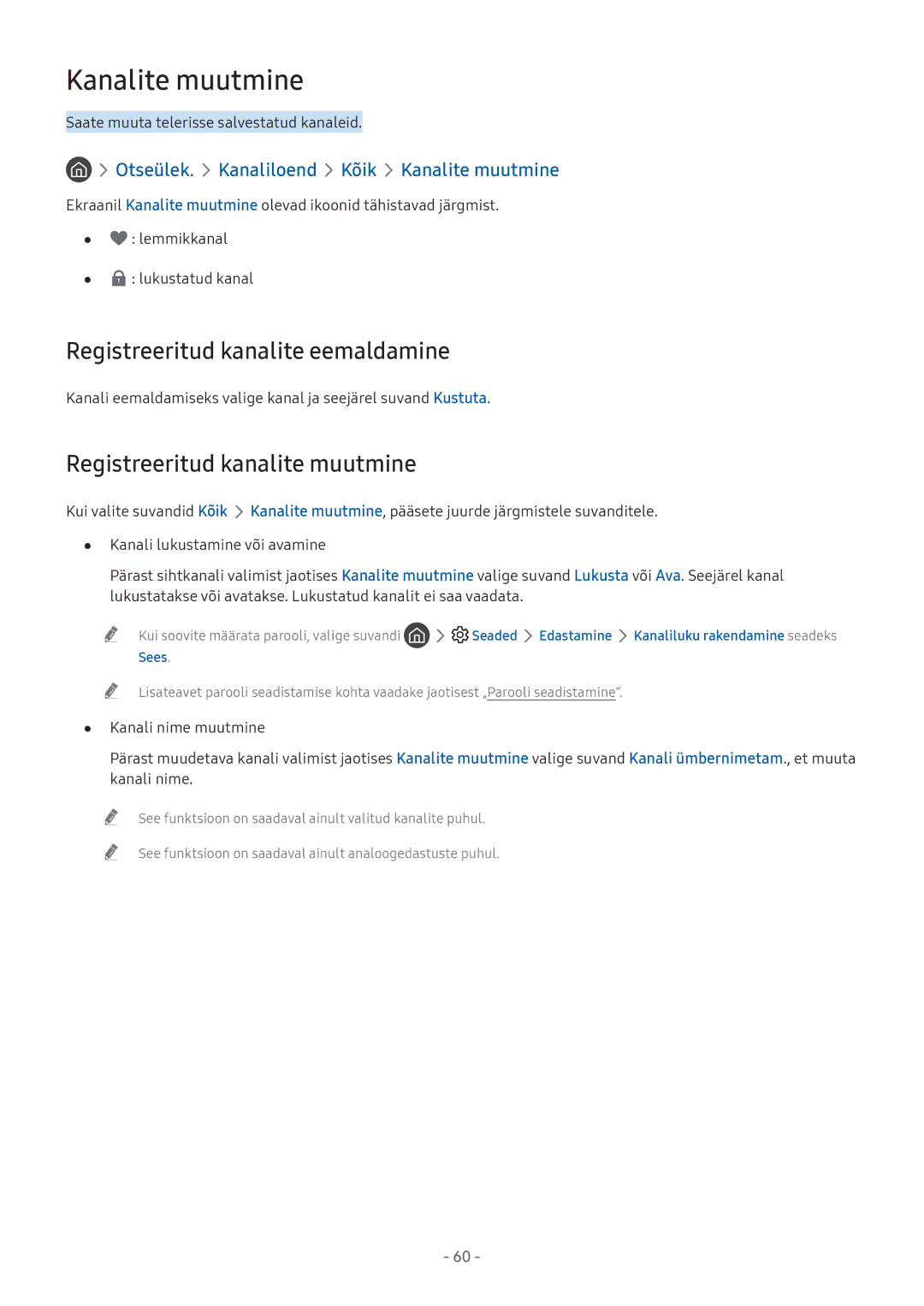 Samsung UE43M5522AKXXH manual Kanalite muutmine, Registreeritud kanalite eemaldamine, Registreeritud kanalite muutmine 