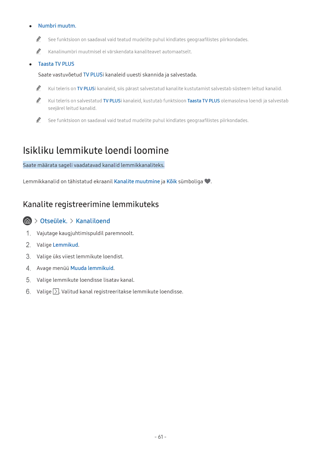 Samsung UE32M5522AKXXH manual Isikliku lemmikute loendi loomine, Kanalite registreerimine lemmikuteks, Numbri muutm 