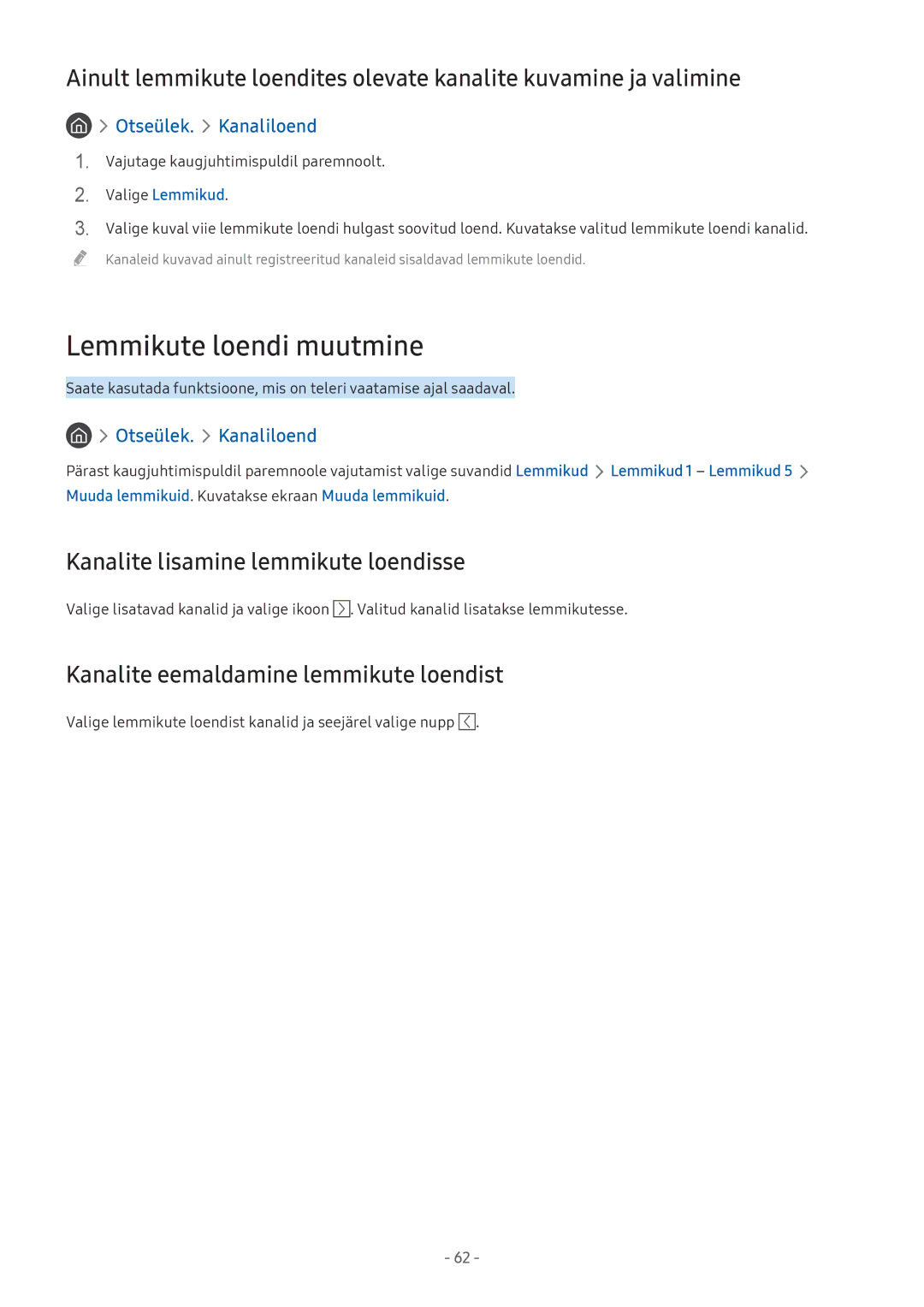 Samsung UE43M5502AKXXH, UE43M5522AKXXH, UE32M5522AKXXH Lemmikute loendi muutmine, Kanalite lisamine lemmikute loendisse 