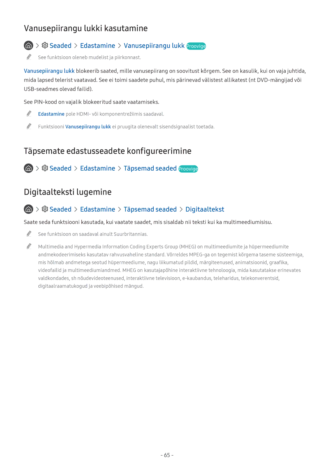 Samsung UE49M5522AKXXH Vanusepiirangu lukki kasutamine, Täpsemate edastusseadete konfigureerimine, Digitaalteksti lugemine 