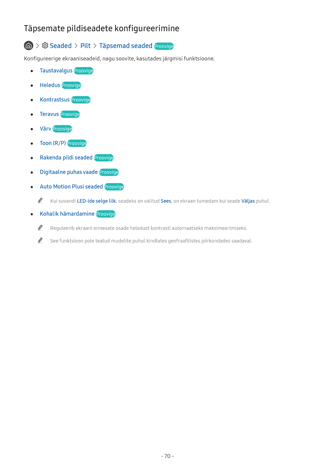 Samsung UE49M5502AKXXH Täpsemate pildiseadete konfigureerimine, Seaded Pilt Täpsemad seaded Proovige, Toon R/P Proovige 