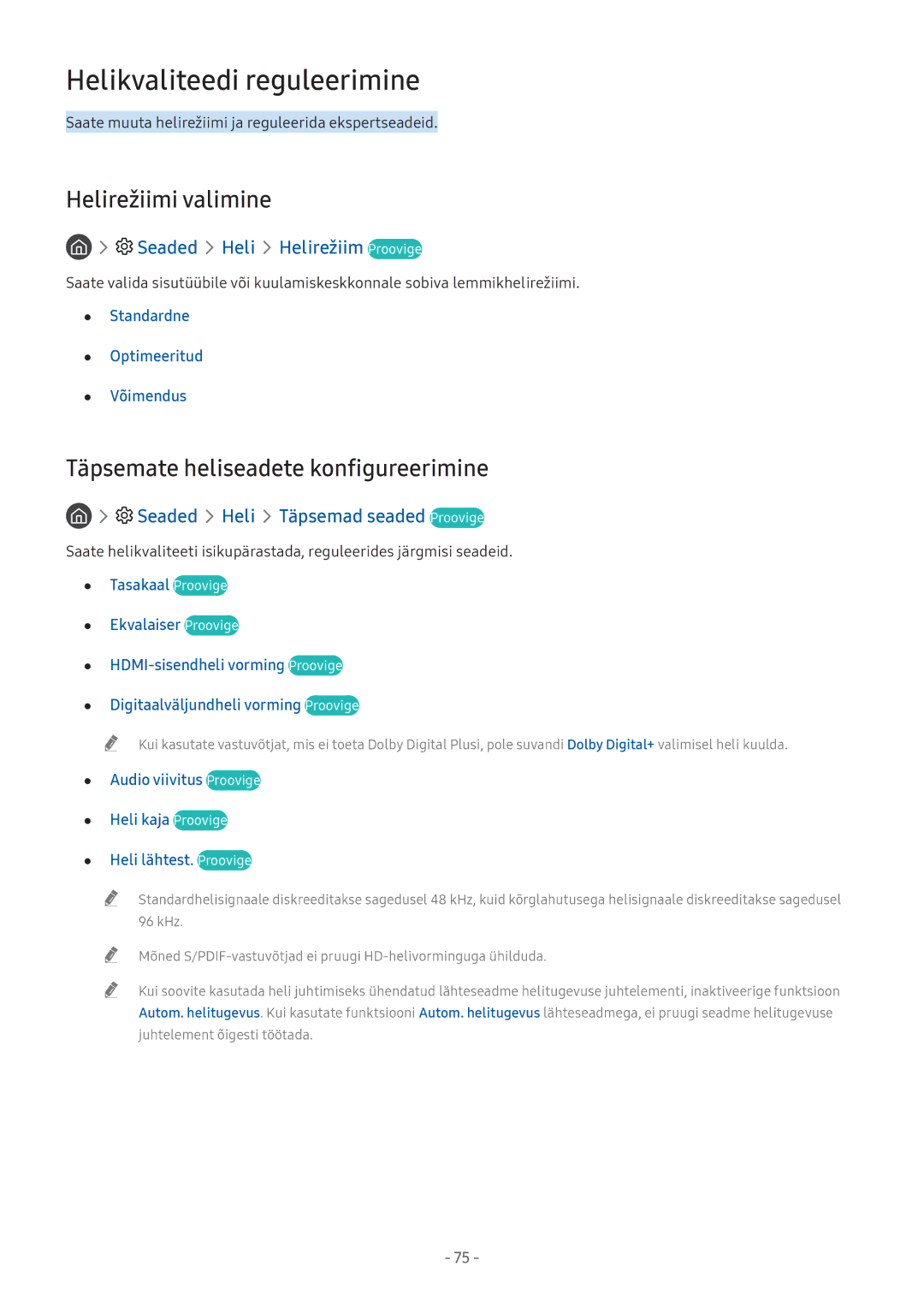 Samsung UE32M5502AKXXH manual Helikvaliteedi reguleerimine, Helirežiimi valimine, Täpsemate heliseadete konfigureerimine 