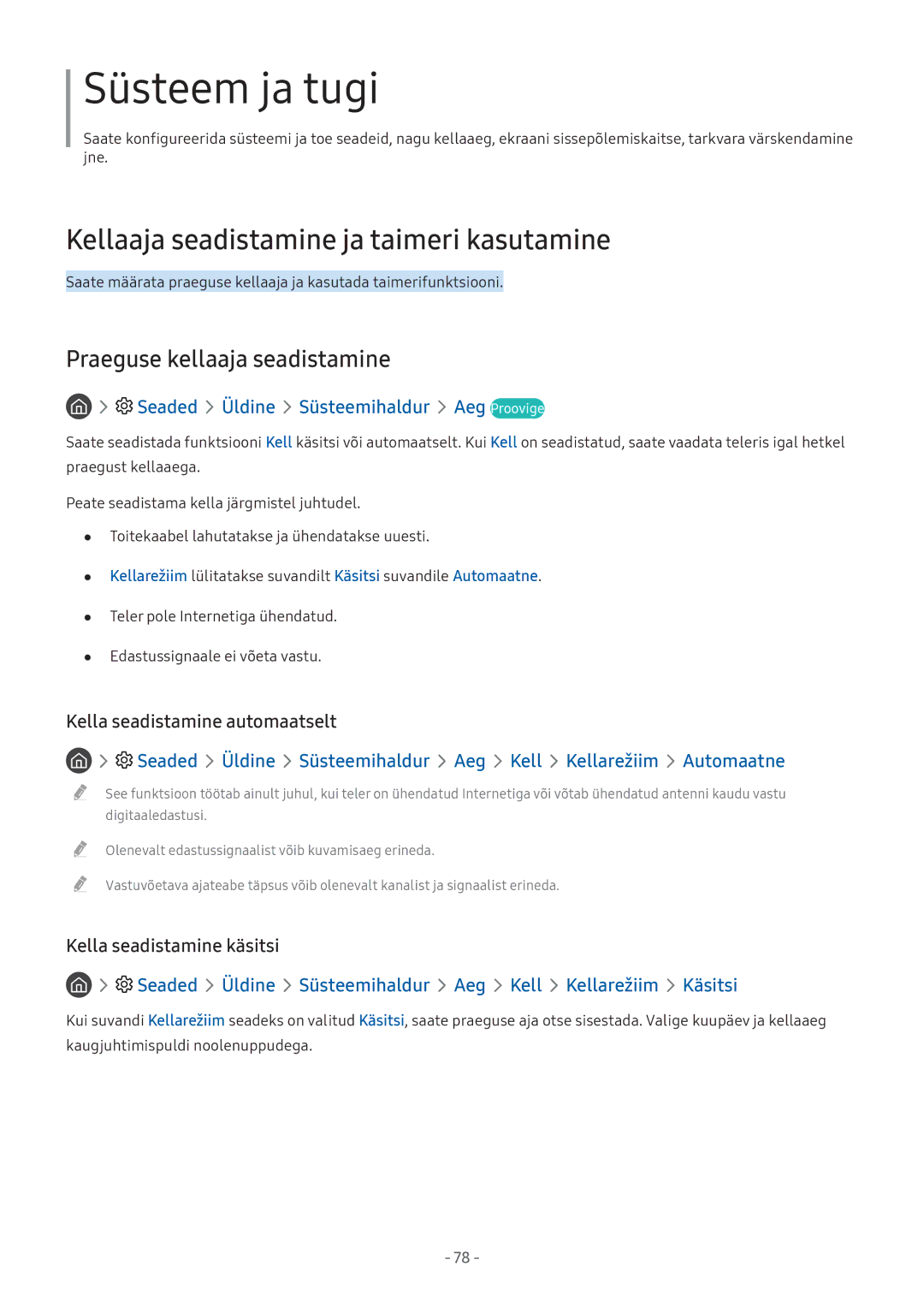 Samsung UE43M5522AKXXH, UE32M5522AKXXH manual Kellaaja seadistamine ja taimeri kasutamine, Praeguse kellaaja seadistamine 