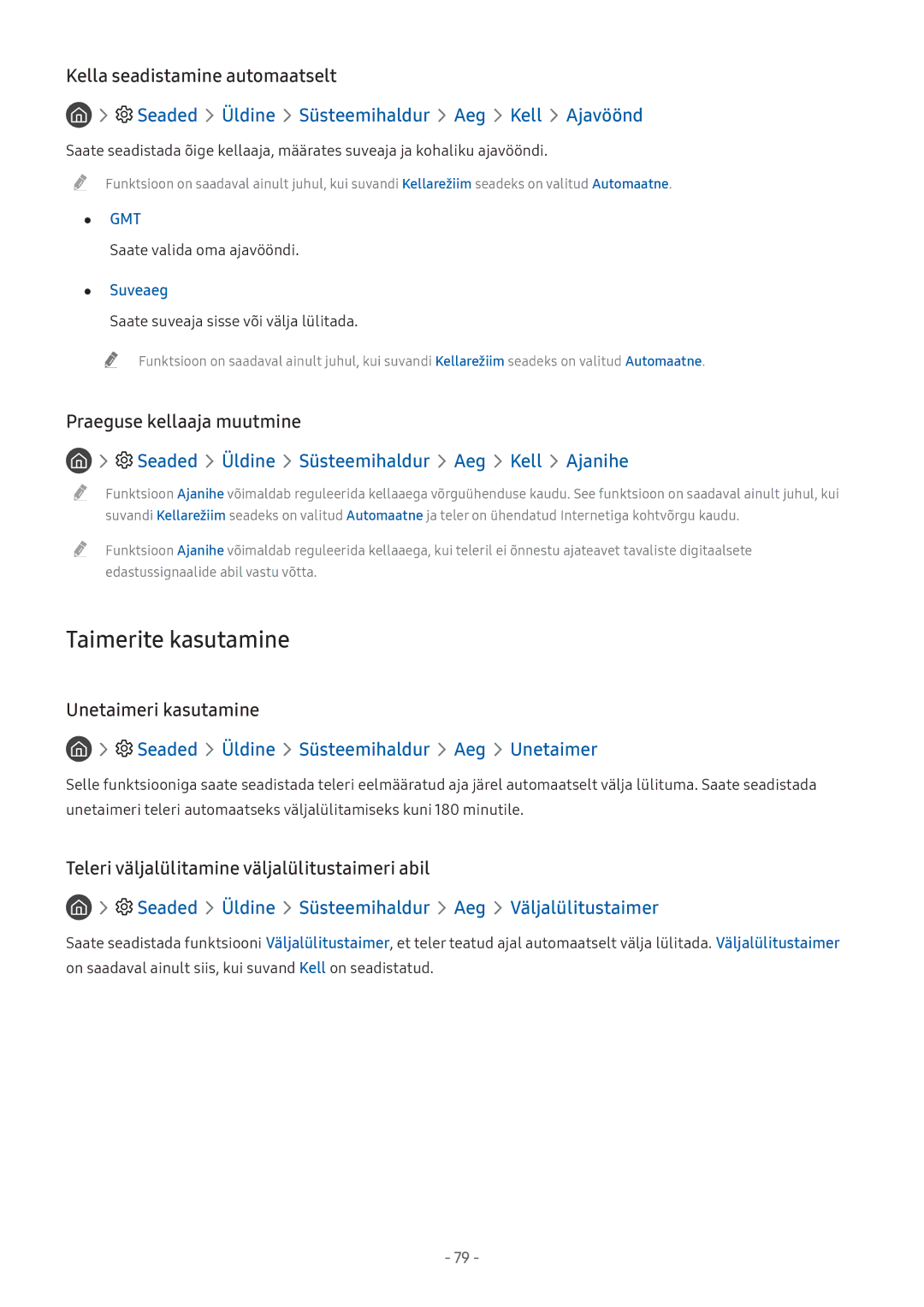 Samsung UE32M5522AKXXH, UE43M5522AKXXH, UE43M5502AKXXH Taimerite kasutamine, Seaded Üldine Süsteemihaldur Aeg Kell Ajavöönd 