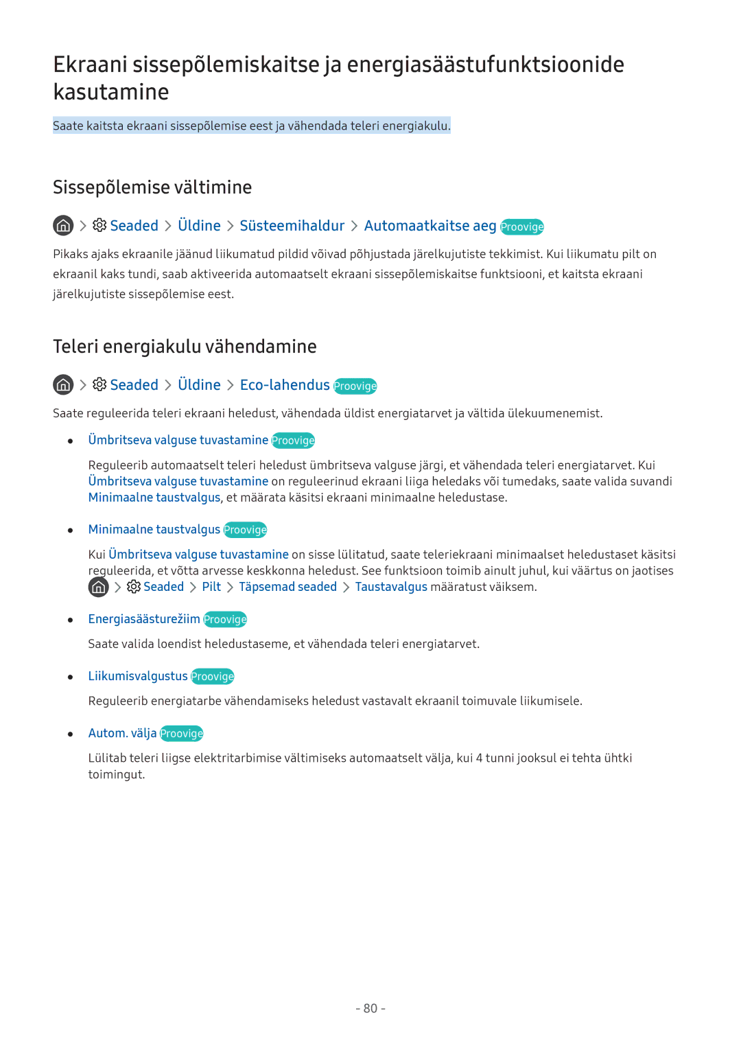 Samsung UE43M5502AKXXH manual Sissepõlemise vältimine, Teleri energiakulu vähendamine, Seaded Üldine Eco-lahendus Proovige 