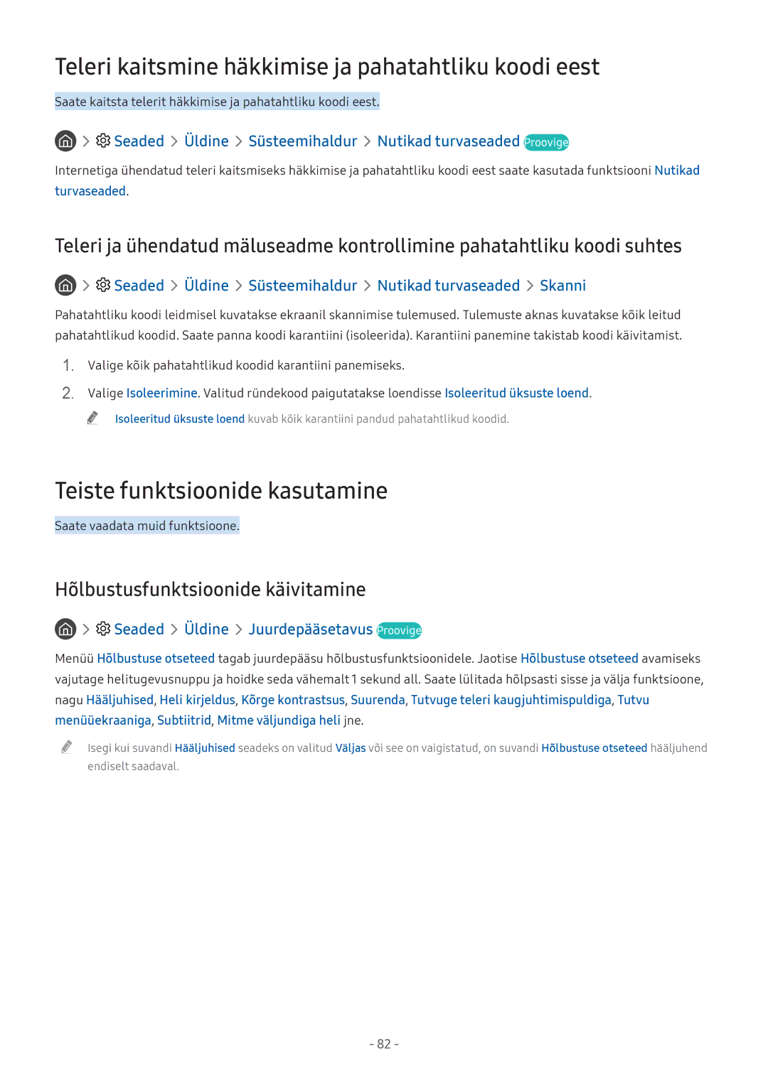 Samsung UE49M5502AKXXH manual Teleri kaitsmine häkkimise ja pahatahtliku koodi eest, Teiste funktsioonide kasutamine 