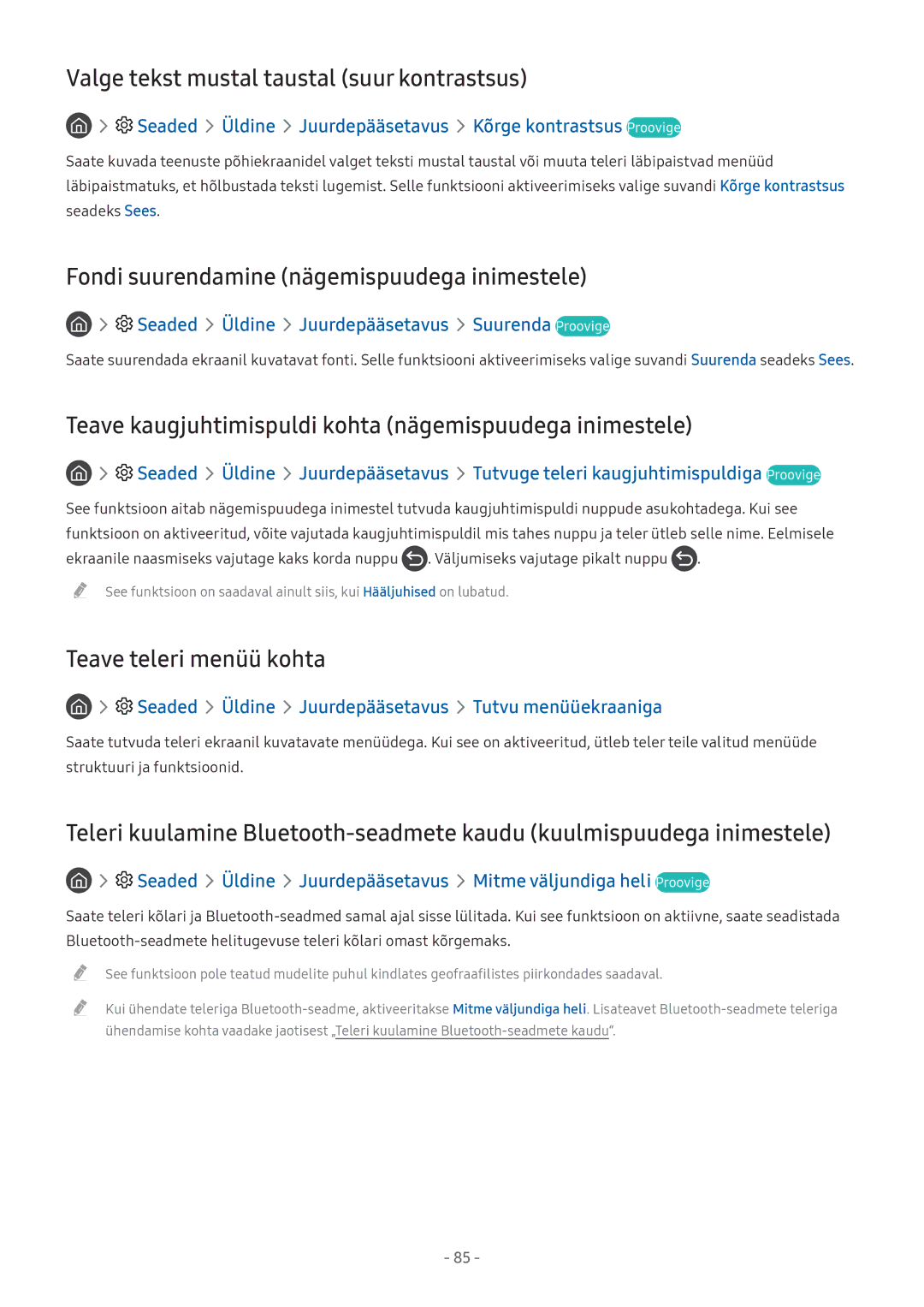 Samsung UE32M5522AKXXH manual Valge tekst mustal taustal suur kontrastsus, Fondi suurendamine nägemispuudega inimestele 