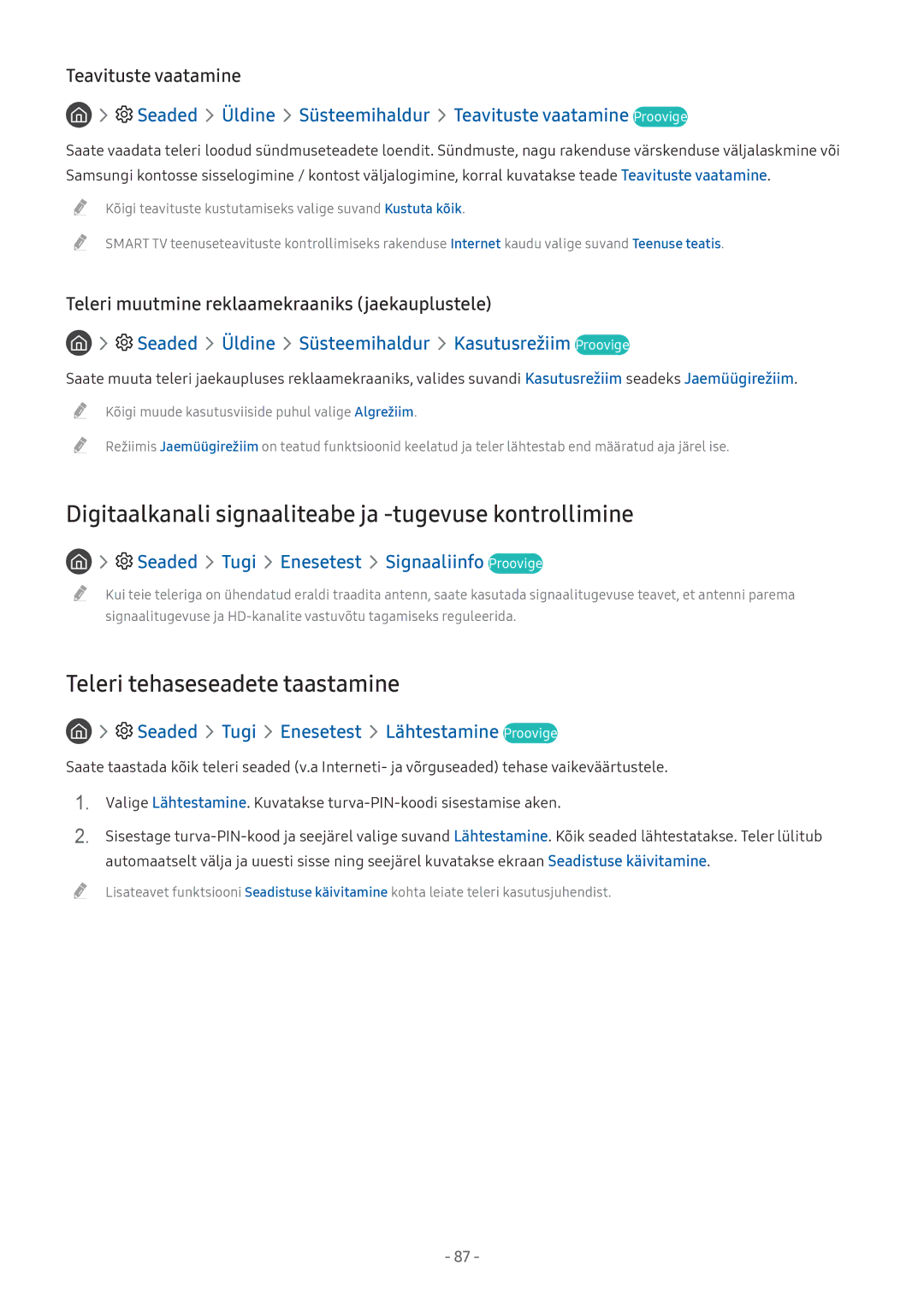 Samsung UE32M5502AKXXH manual Digitaalkanali signaaliteabe ja -tugevuse kontrollimine, Teleri tehaseseadete taastamine 