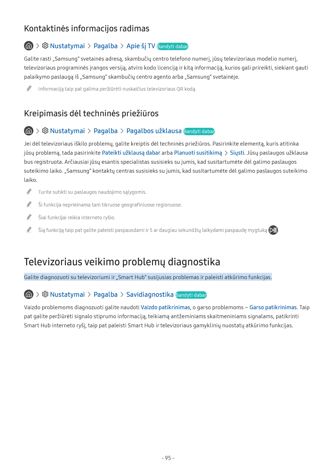 Samsung UE49M5522AKXXH manual Televizoriaus veikimo problemų diagnostika, Nustatymai Pagalba Apie šį TV Bandyti dabar 