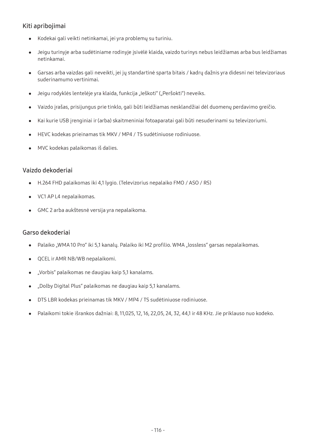 Samsung UE43M5502AKXXH, UE43M5522AKXXH, UE32M5522AKXXH, UE32M5502AKXXH Kiti apribojimai, Vaizdo dekoderiai, Garso dekoderiai 