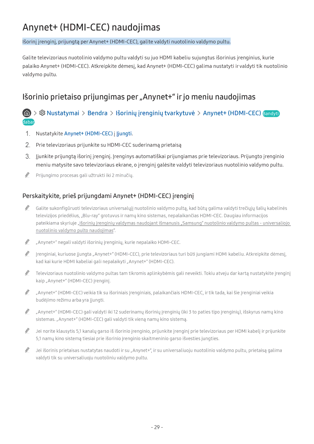 Samsung UE49M5522AKXXH manual Anynet+ HDMI-CEC naudojimas, Perskaitykite, prieš prijungdami Anynet+ HDMI-CEC įrenginį 