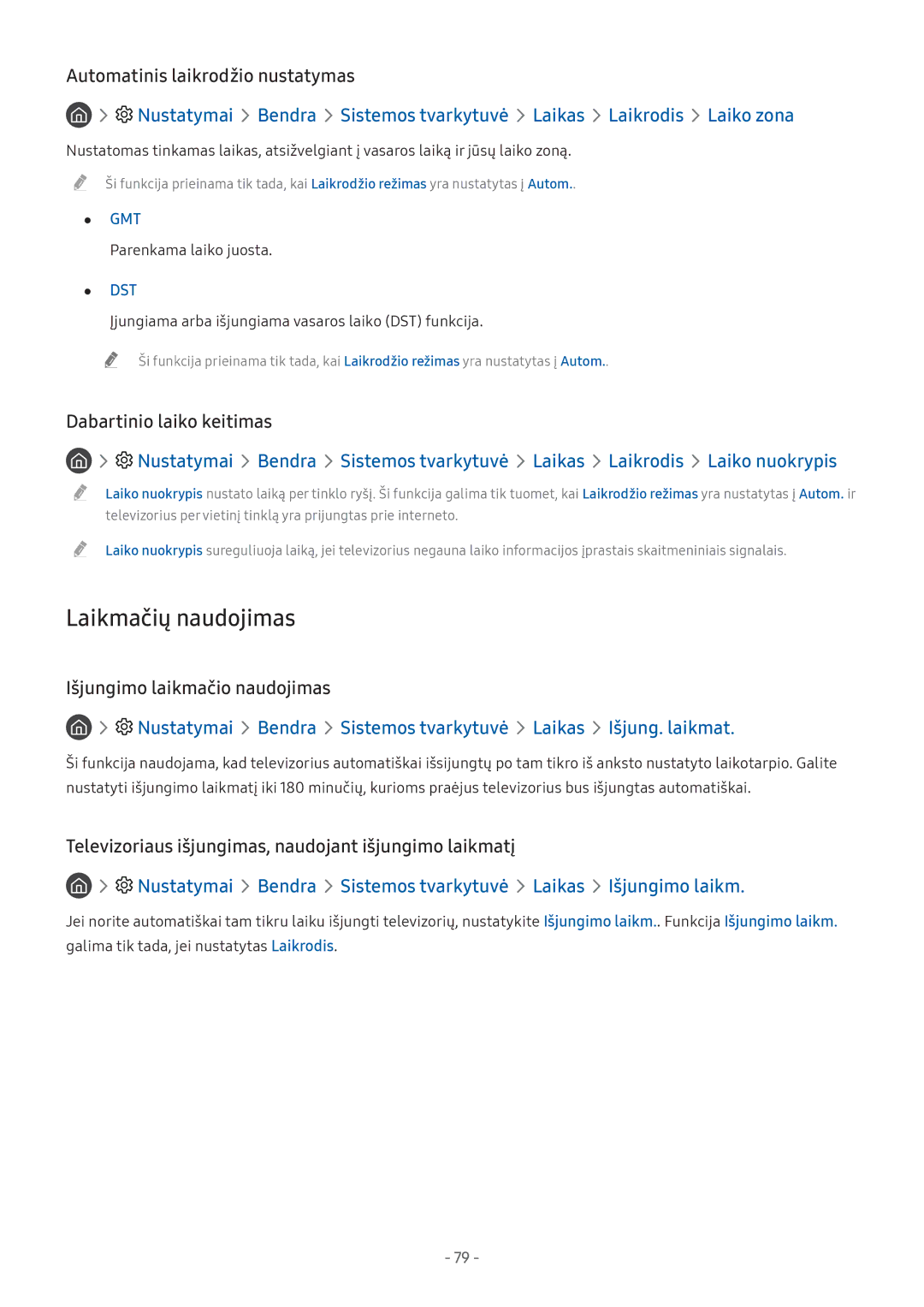 Samsung UE32M5522AKXXH, UE43M5522AKXXH Laikmačių naudojimas, Dabartinio laiko keitimas, Išjungimo laikmačio naudojimas 