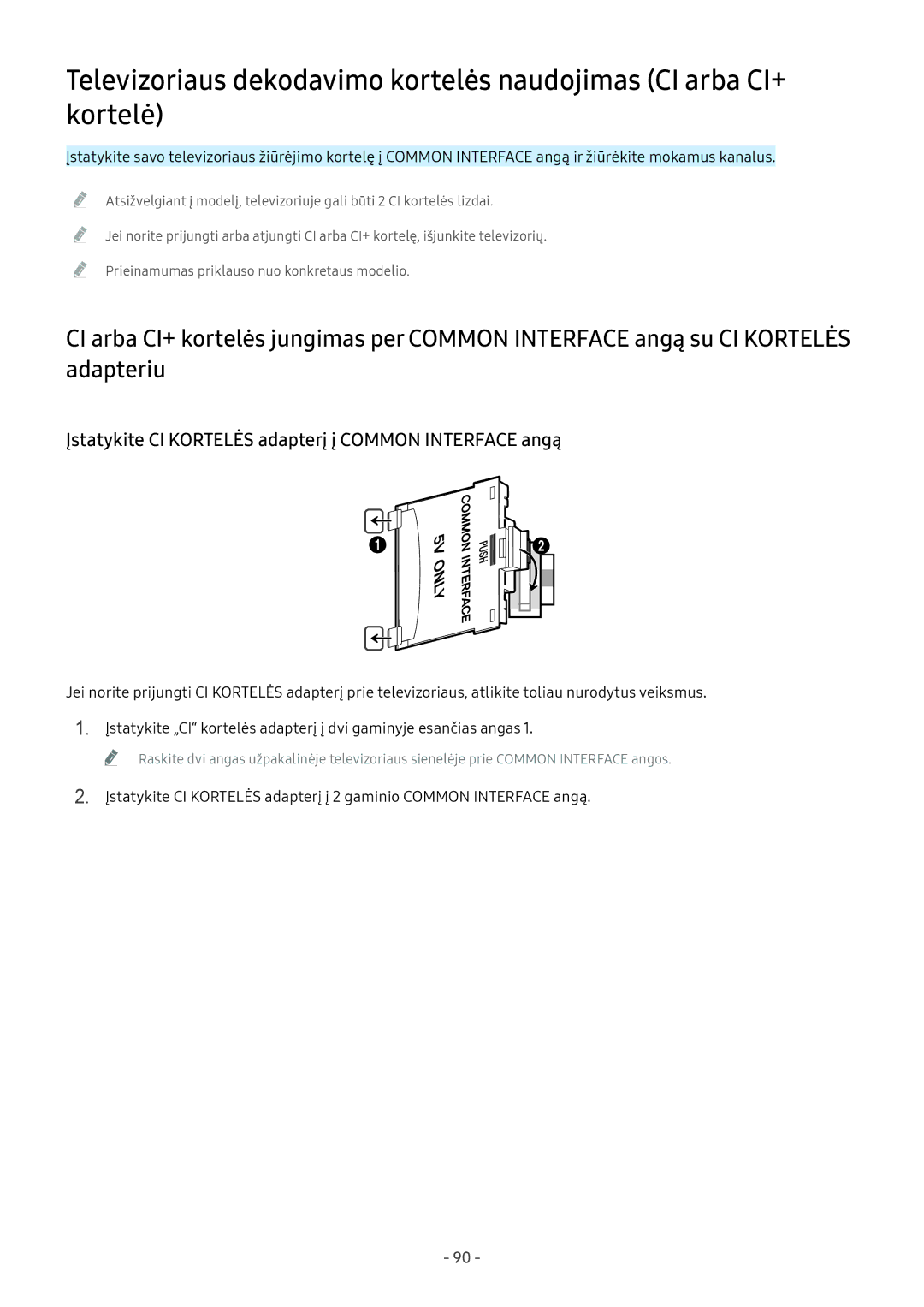 Samsung UE43M5522AKXXH, UE32M5522AKXXH, UE43M5502AKXXH manual Įstatykite CI Kortelės adapterį į Common Interface angą 