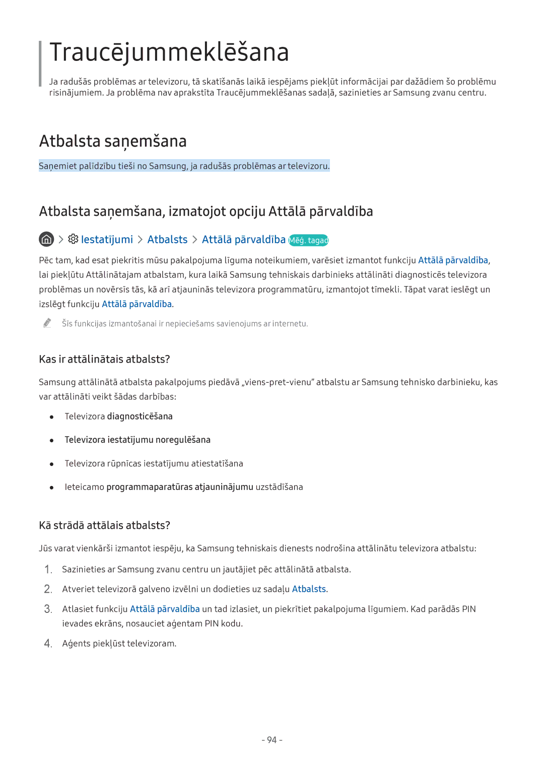 Samsung UE49M5502AKXXH, UE43M5522AKXXH manual Traucējummeklēšana, Iestatījumi Atbalsts Attālā pārvaldība Mēģ. tagad 