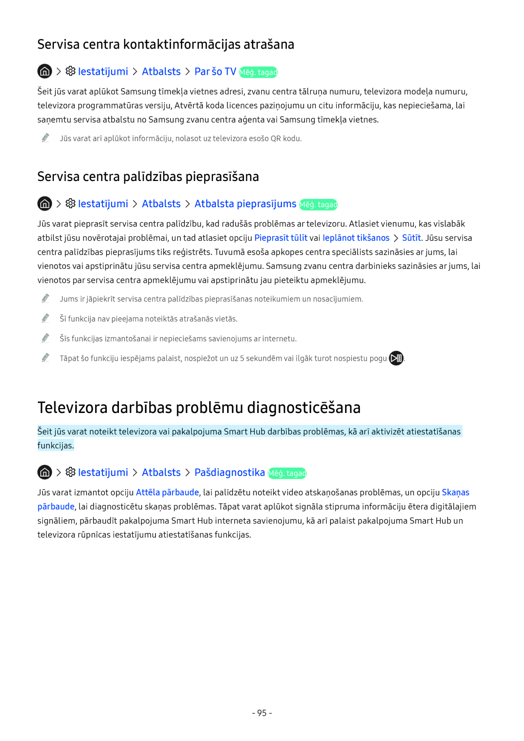 Samsung UE49M5522AKXXH manual Televizora darbības problēmu diagnosticēšana, Iestatījumi Atbalsts Par šo TV Mēģ. tagad 