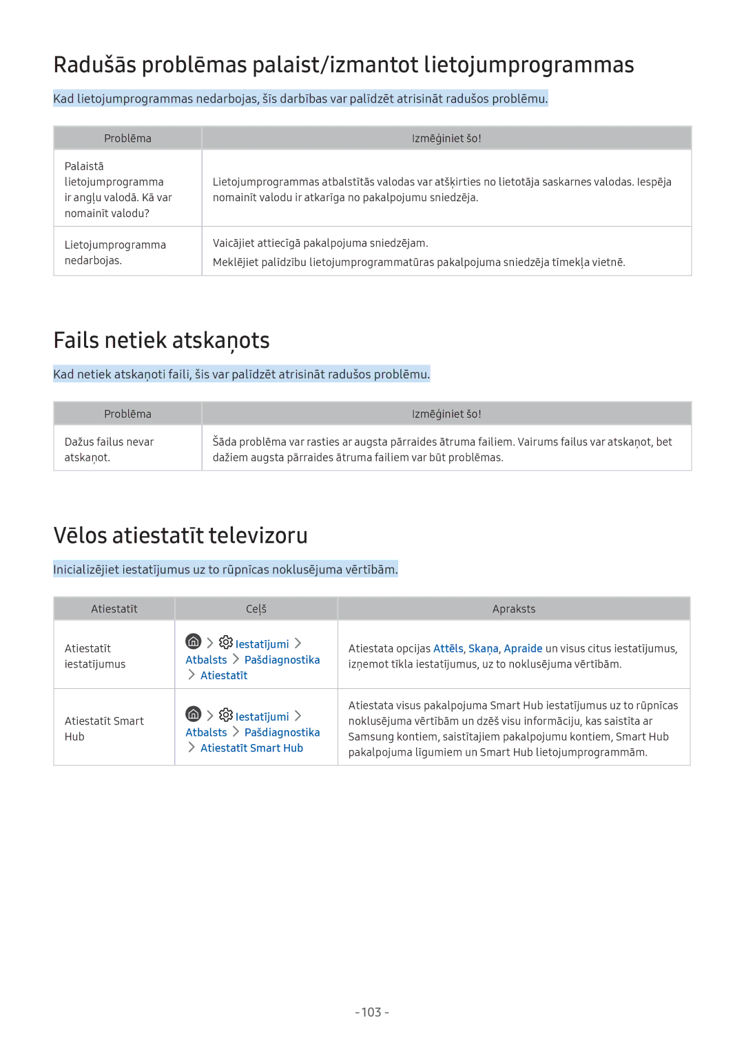 Samsung UE32M5522AKXXH manual Radušās problēmas palaist/izmantot lietojumprogrammas, Fails netiek atskaņots, Atiestatīt 