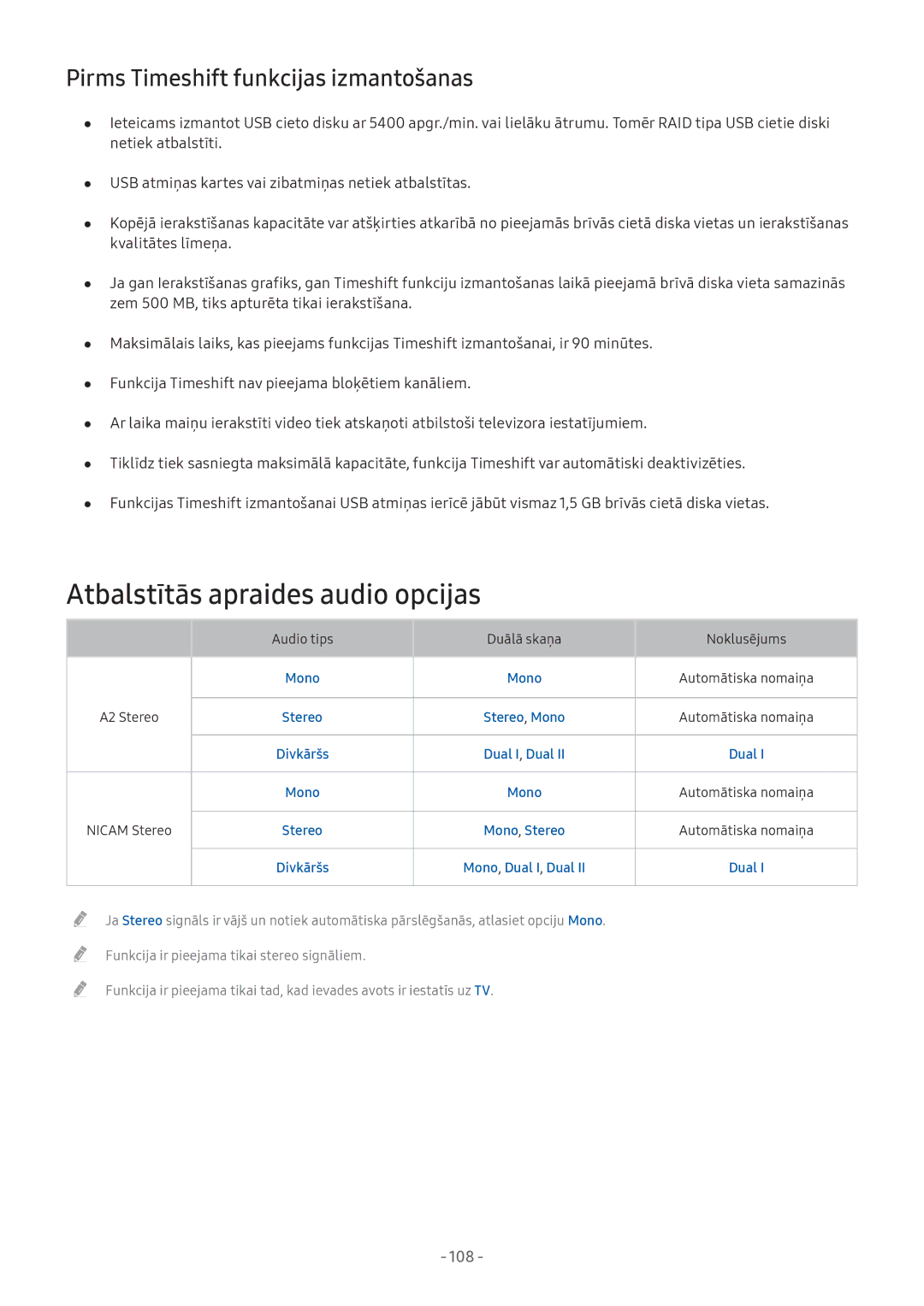 Samsung UE43M5522AKXXH, UE32M5522AKXXH manual Atbalstītās apraides audio opcijas, Pirms Timeshift funkcijas izmantošanas 