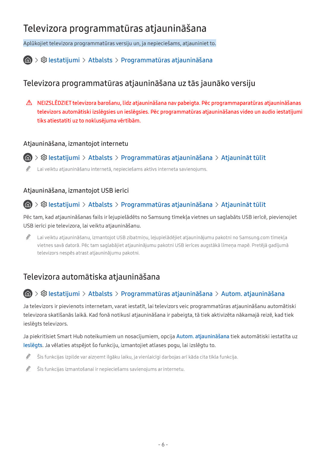 Samsung UE43M5522AKXXH, UE32M5522AKXXH manual Televizora programmatūras atjaunināšana, Televizora automātiska atjaunināšana 