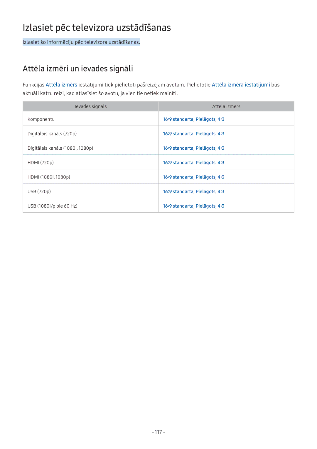 Samsung UE32M5502AKXXH manual Izlasiet pēc televizora uzstādīšanas, Attēla izmēri un ievades signāli, Standarta, Pielāgots 