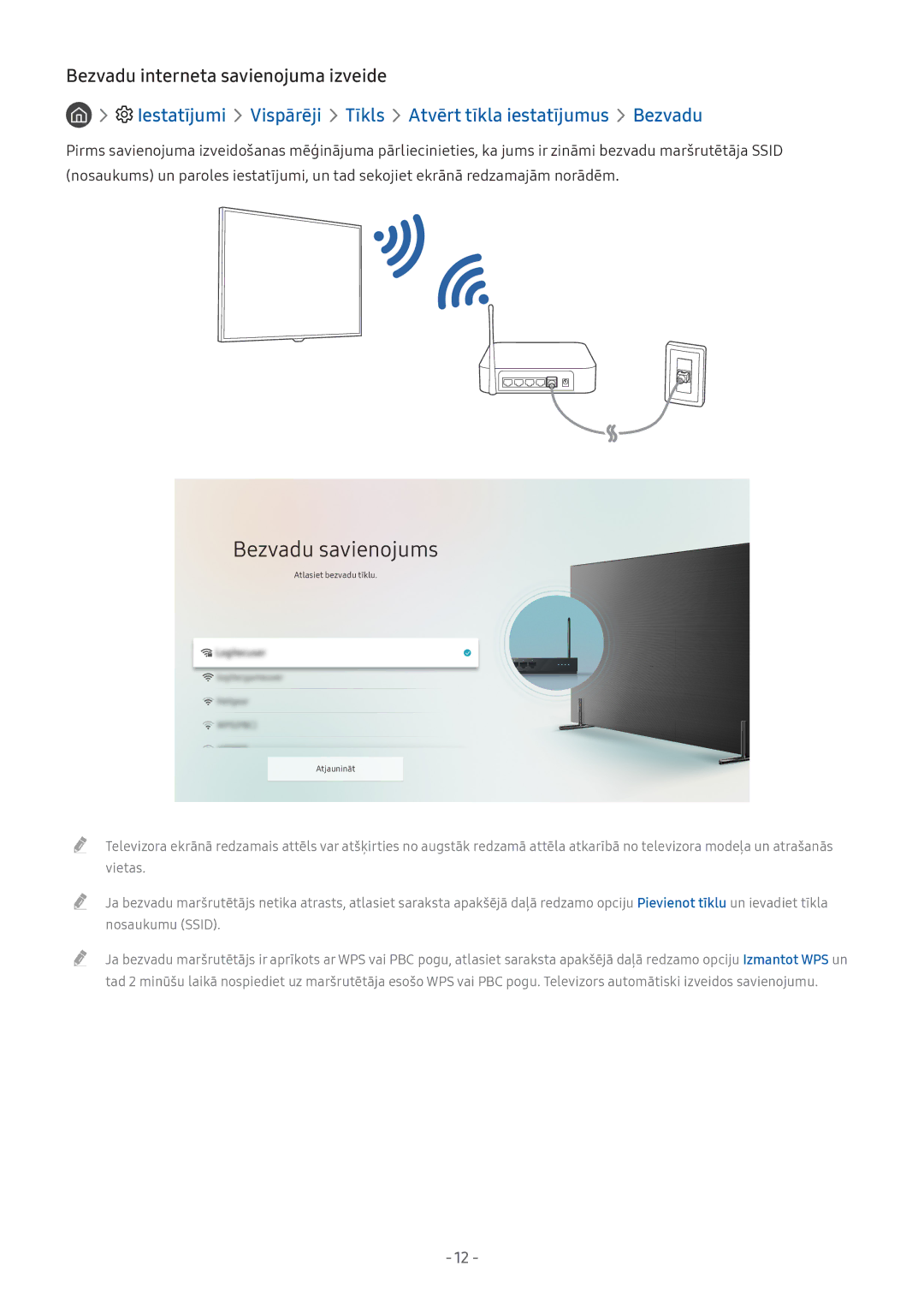 Samsung UE43M5522AKXXH, UE32M5522AKXXH, UE43M5502AKXXH manual Bezvadu savienojums, Bezvadu interneta savienojuma izveide 