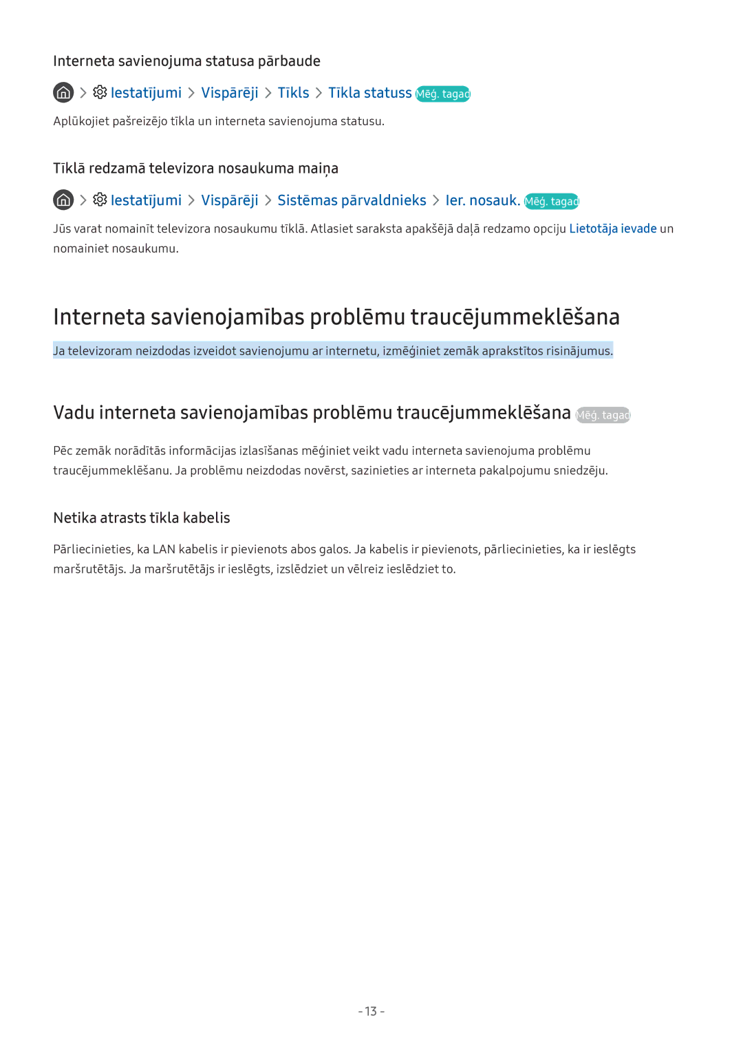 Samsung UE32M5522AKXXH manual Interneta savienojamības problēmu traucējummeklēšana, Interneta savienojuma statusa pārbaude 