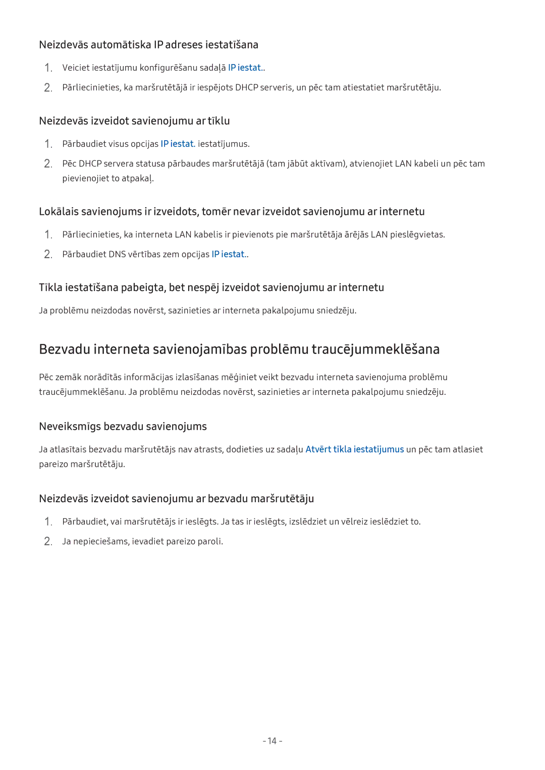 Samsung UE43M5502AKXXH manual Neizdevās automātiska IP adreses iestatīšana, Neizdevās izveidot savienojumu ar tīklu 