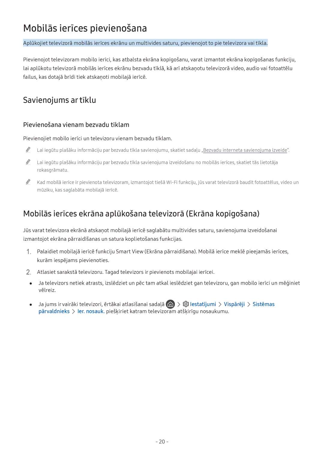 Samsung UE43M5502AKXXH manual Mobilās ierīces pievienošana, Savienojums ar tīklu, Pievienošana vienam bezvadu tīklam 