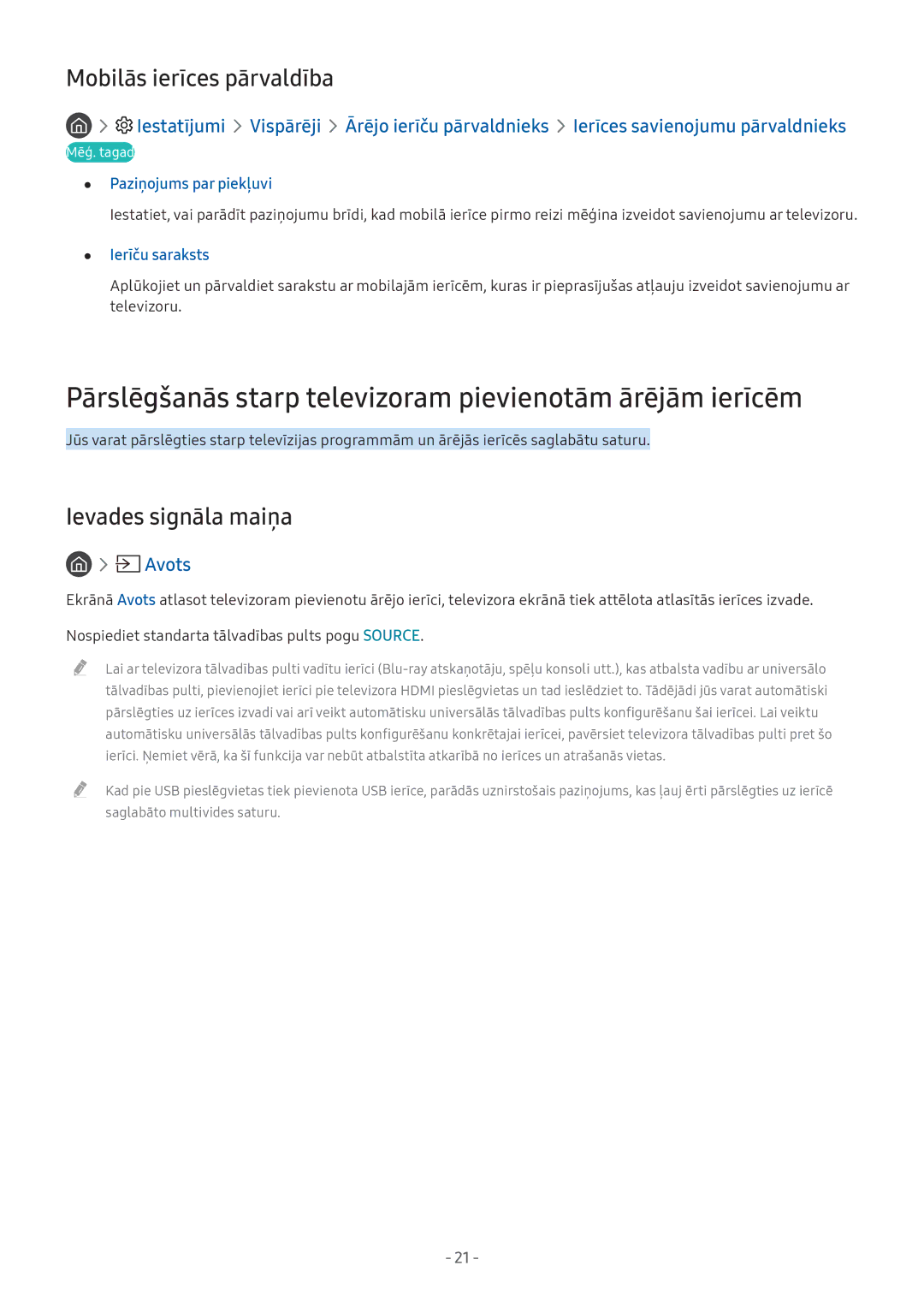 Samsung UE32M5502AKXXH manual Pārslēgšanās starp televizoram pievienotām ārējām ierīcēm, Mobilās ierīces pārvaldība 