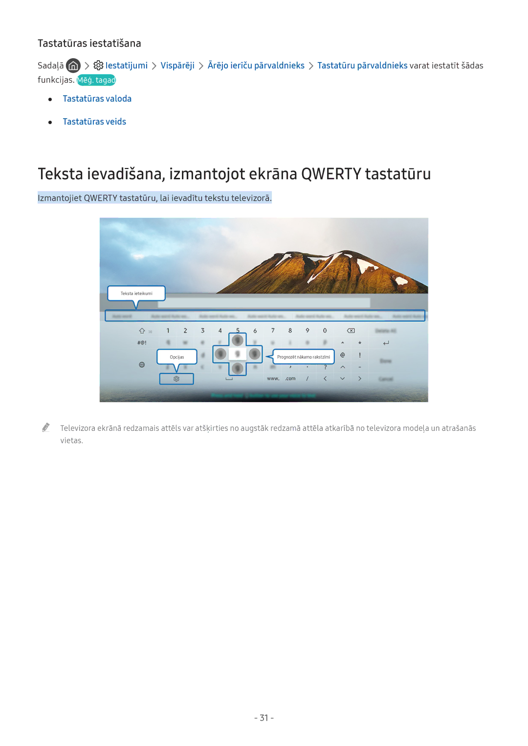 Samsung UE32M5522AKXXH, UE43M5522AKXXH manual Teksta ievadīšana, izmantojot ekrāna Qwerty tastatūru, Tastatūras iestatīšana 