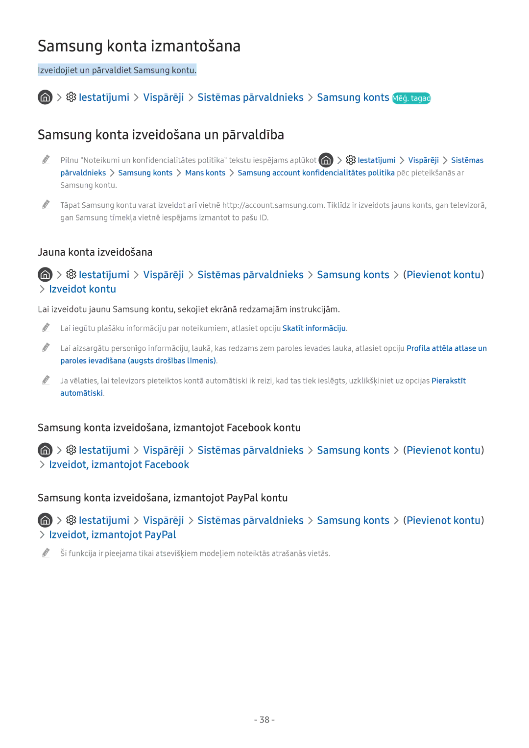 Samsung UE43M5502AKXXH manual Samsung konta izmantošana, Samsung konta izveidošana un pārvaldība, Jauna konta izveidošana 