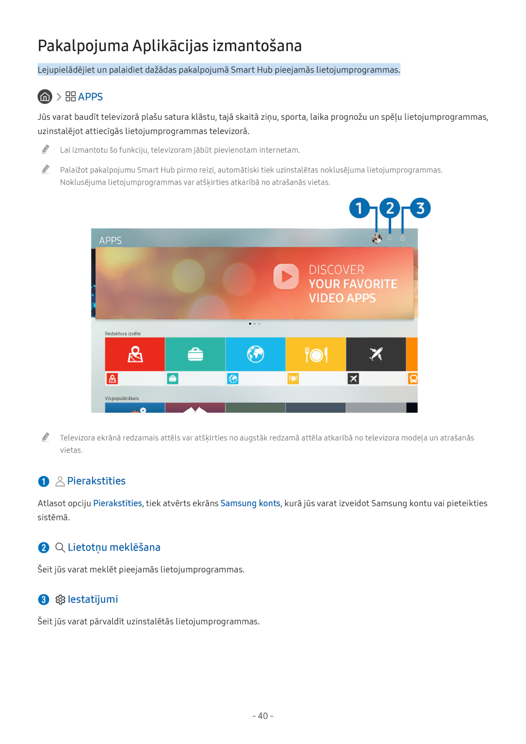 Samsung UE49M5502AKXXH, UE43M5522AKXXH manual Pakalpojuma Aplikācijas izmantošana, Pierakstīties, Lietotņu meklēšana 