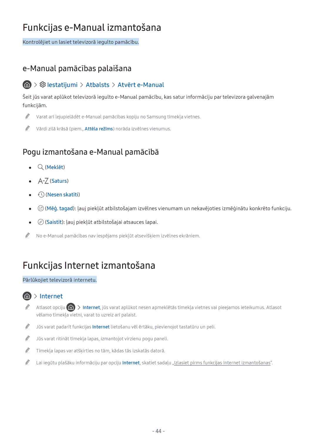 Samsung UE43M5502AKXXH manual Funkcijas e-Manual izmantošana, Funkcijas Internet izmantošana, Manual pamācības palaišana 