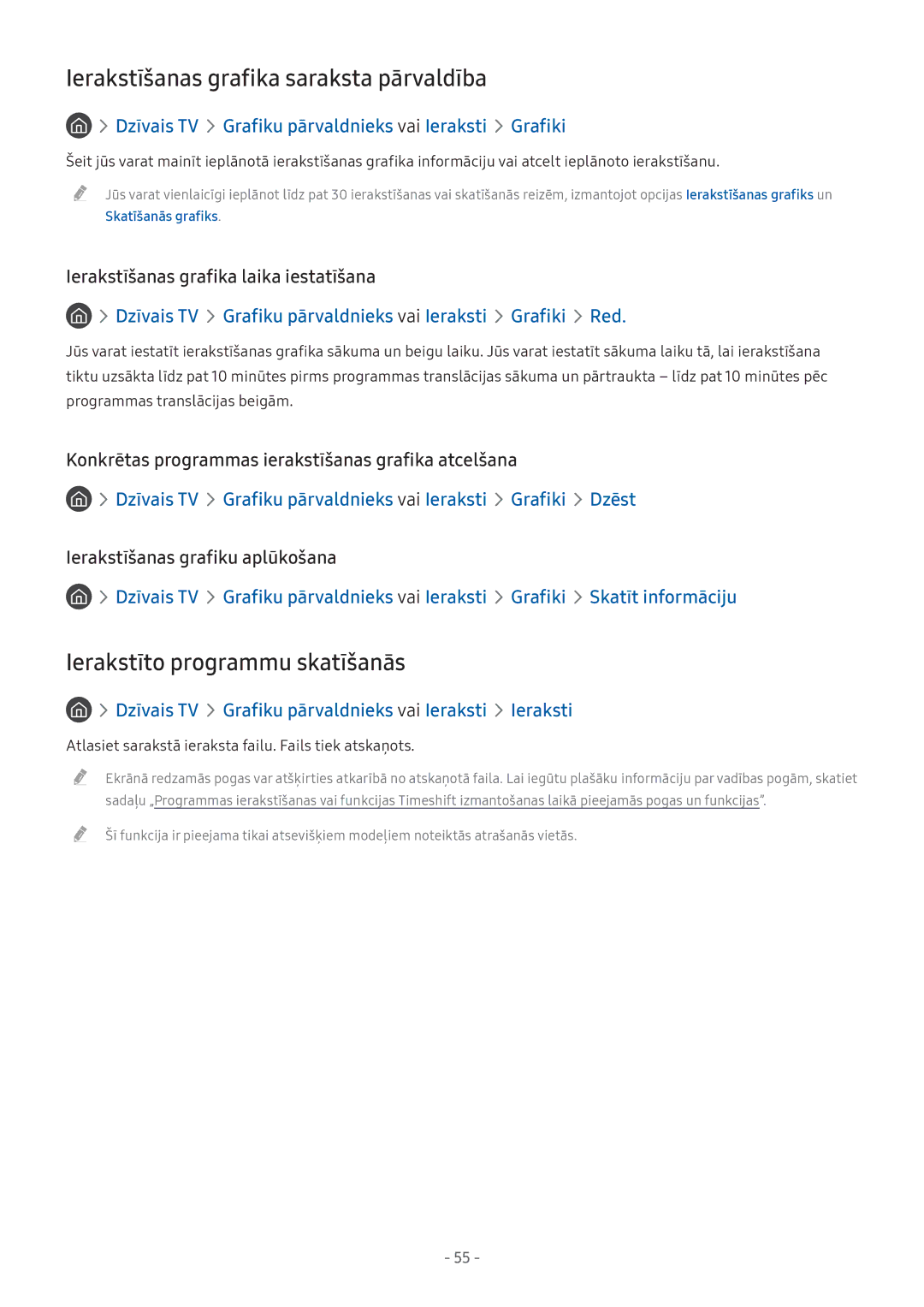 Samsung UE32M5522AKXXH, UE43M5522AKXXH manual Ierakstīšanas grafika saraksta pārvaldība, Ierakstīto programmu skatīšanās 