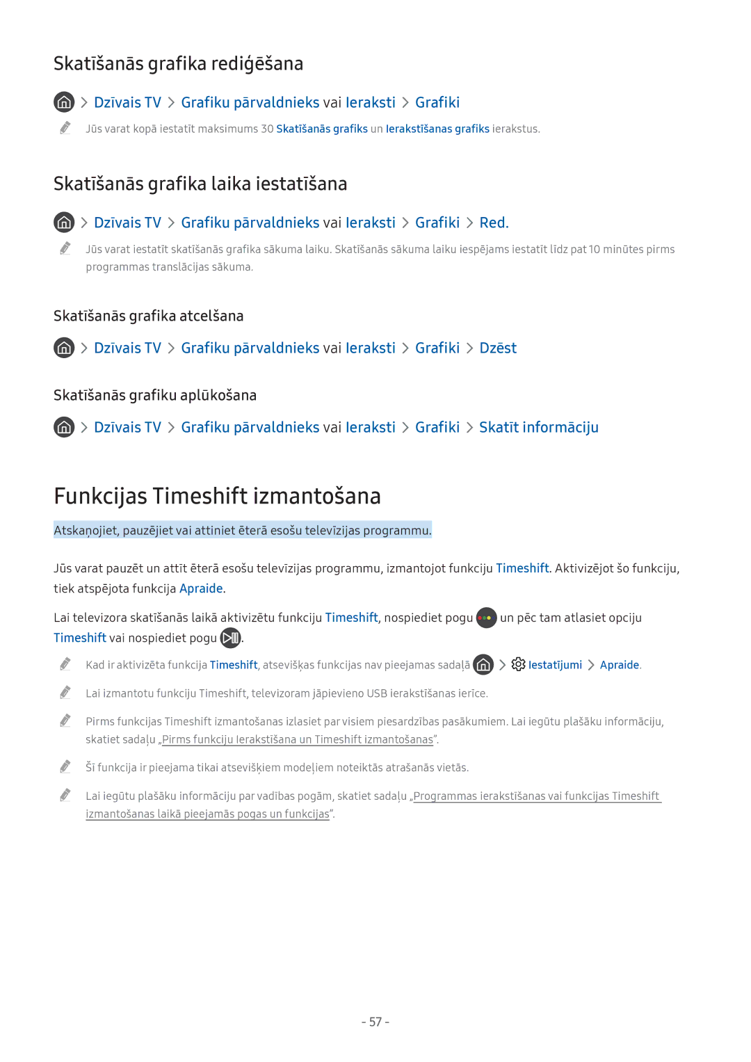 Samsung UE32M5502AKXXH manual Funkcijas Timeshift izmantošana, Skatīšanās grafika rediģēšana, Skatīšanās grafika atcelšana 