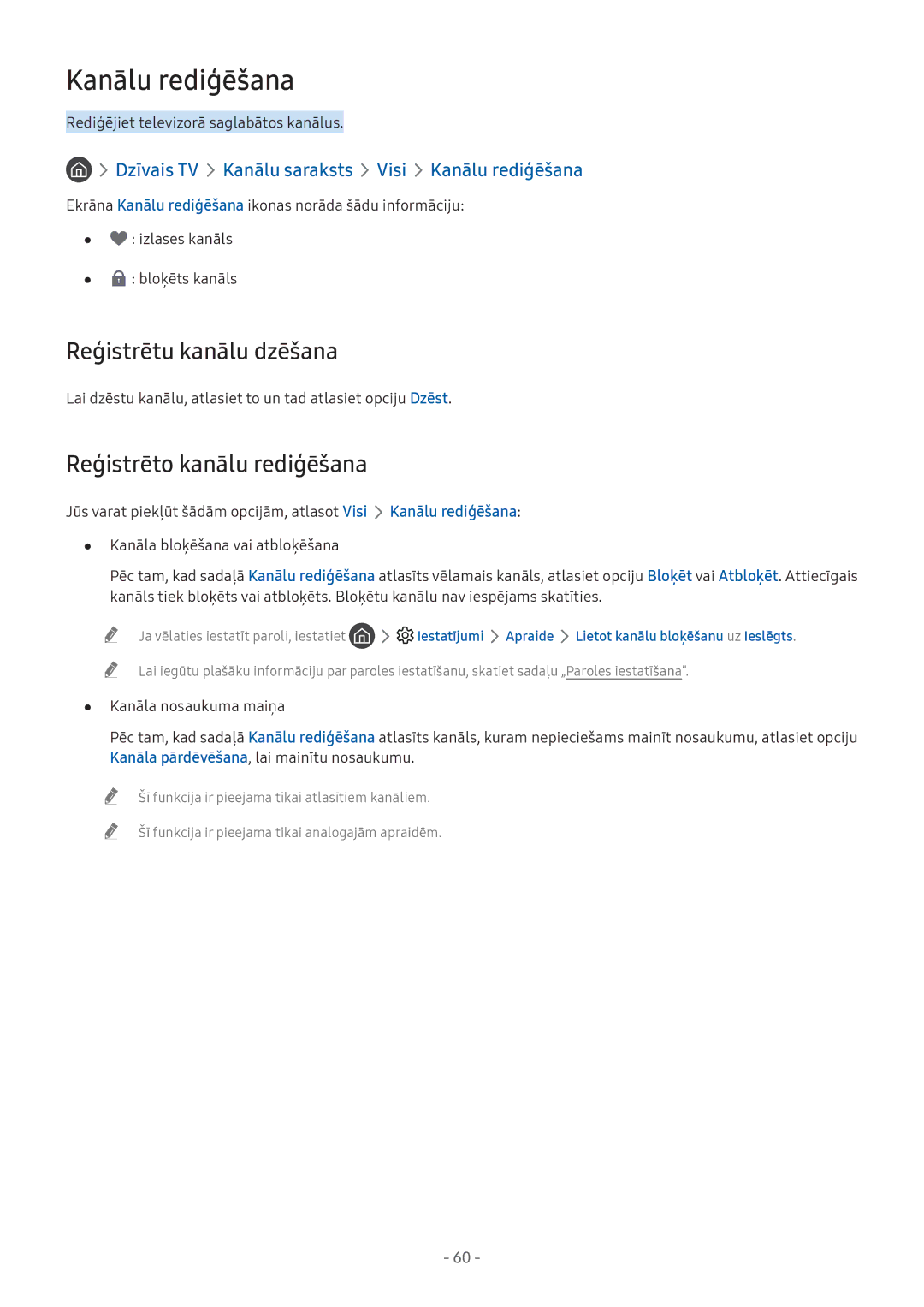 Samsung UE43M5522AKXXH, UE32M5522AKXXH manual Kanālu rediģēšana, Reģistrētu kanālu dzēšana, Reģistrēto kanālu rediģēšana 