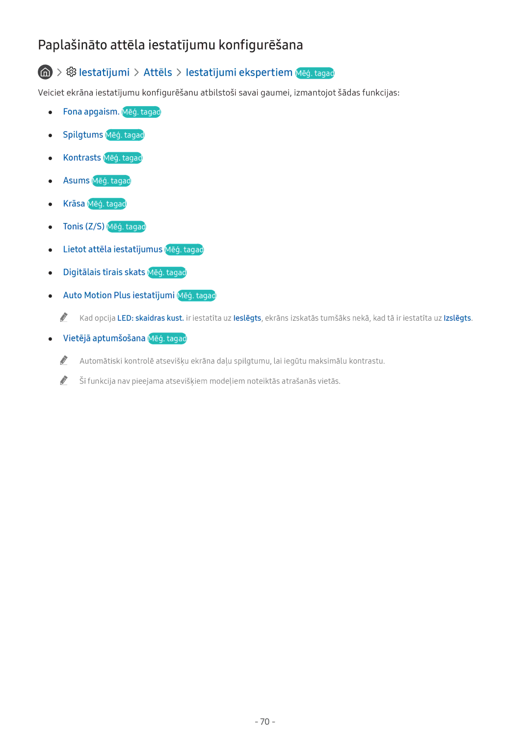 Samsung UE49M5502AKXXH Paplašināto attēla iestatījumu konfigurēšana, Iestatījumi Attēls Iestatījumi ekspertiem Mēģ. tagad 