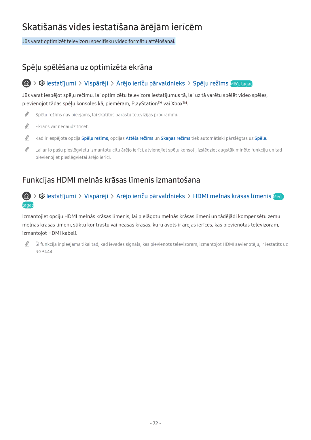 Samsung UE43M5522AKXXH, UE32M5522AKXXH Skatīšanās vides iestatīšana ārējām ierīcēm, Spēļu spēlēšana uz optimizēta ekrāna 