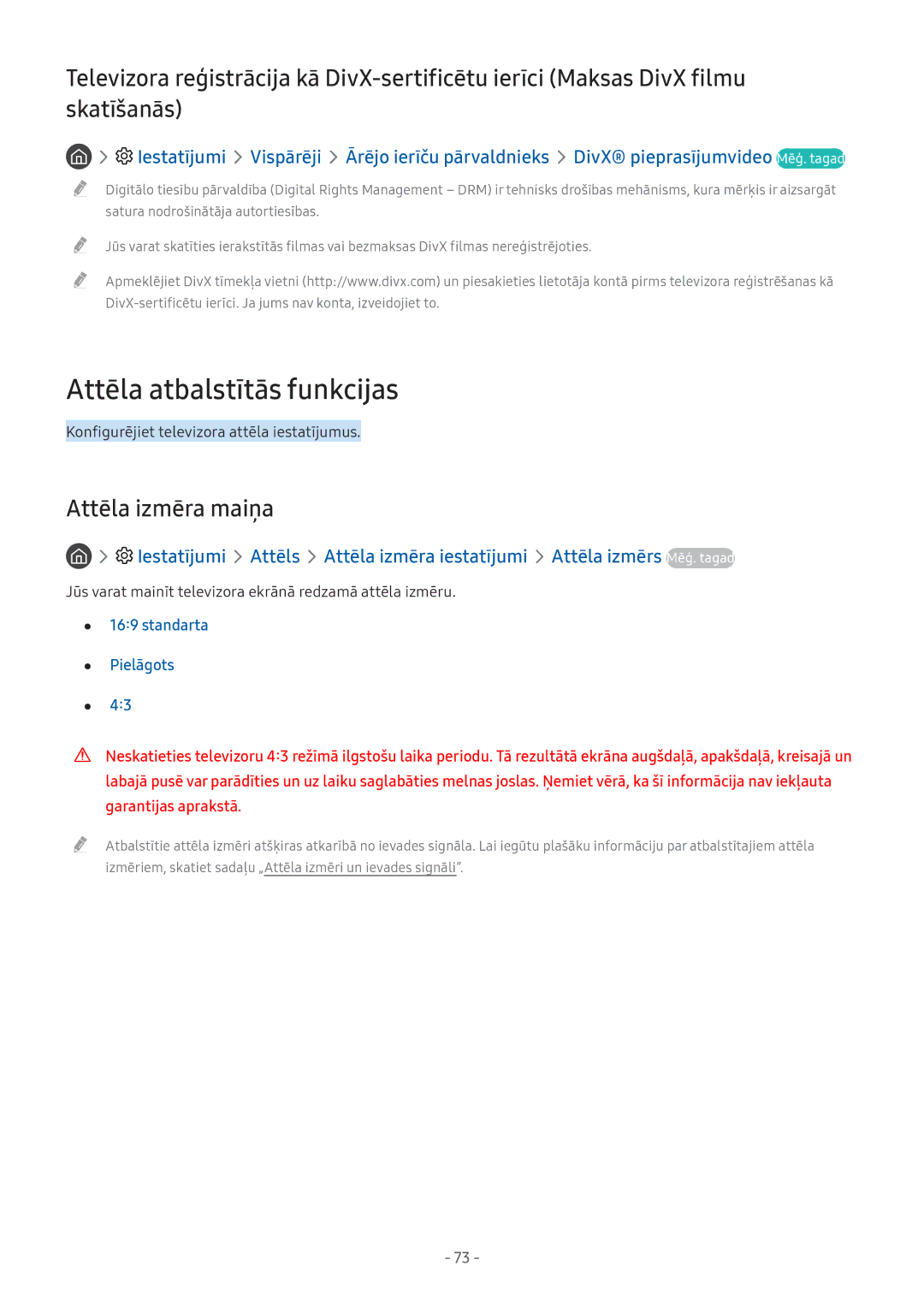 Samsung UE32M5522AKXXH, UE43M5522AKXXH manual Attēla atbalstītās funkcijas, Attēla izmēra maiņa, Standarta Pielāgots 