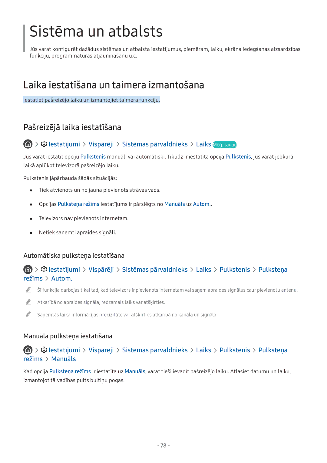 Samsung UE43M5522AKXXH, UE32M5522AKXXH manual Laika iestatīšana un taimera izmantošana, Pašreizējā laika iestatīšana 