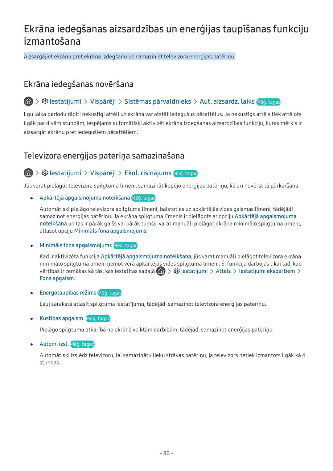 Samsung UE43M5502AKXXH, UE43M5522AKXXH manual Ekrāna iedegšanas novēršana, Televizora enerģijas patēriņa samazināšana 