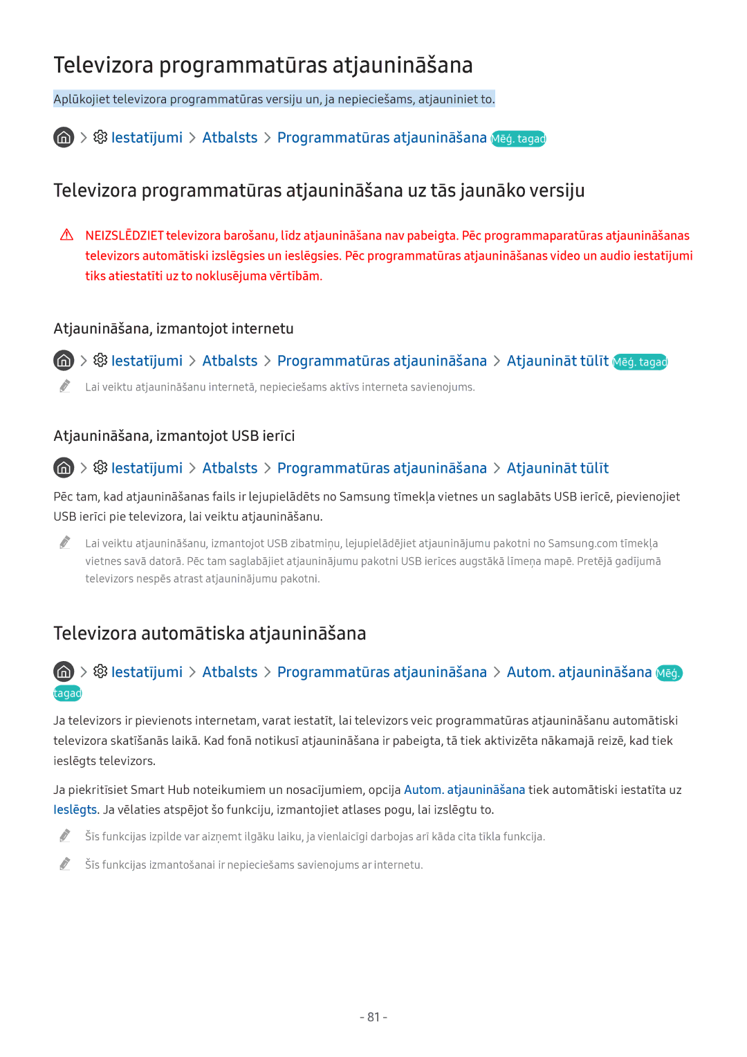 Samsung UE32M5502AKXXH, UE43M5522AKXXH, UE32M5522AKXXH manual Iestatījumi Atbalsts Programmatūras atjaunināšana Mēģ. tagad 