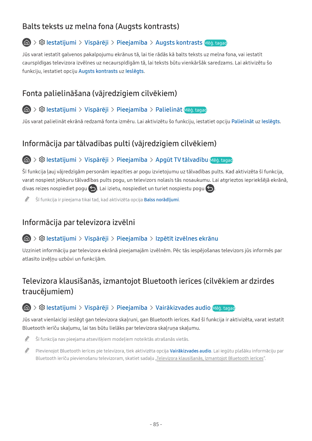 Samsung UE32M5522AKXXH manual Balts teksts uz melna fona Augsts kontrasts, Fonta palielināšana vājredzīgiem cilvēkiem 