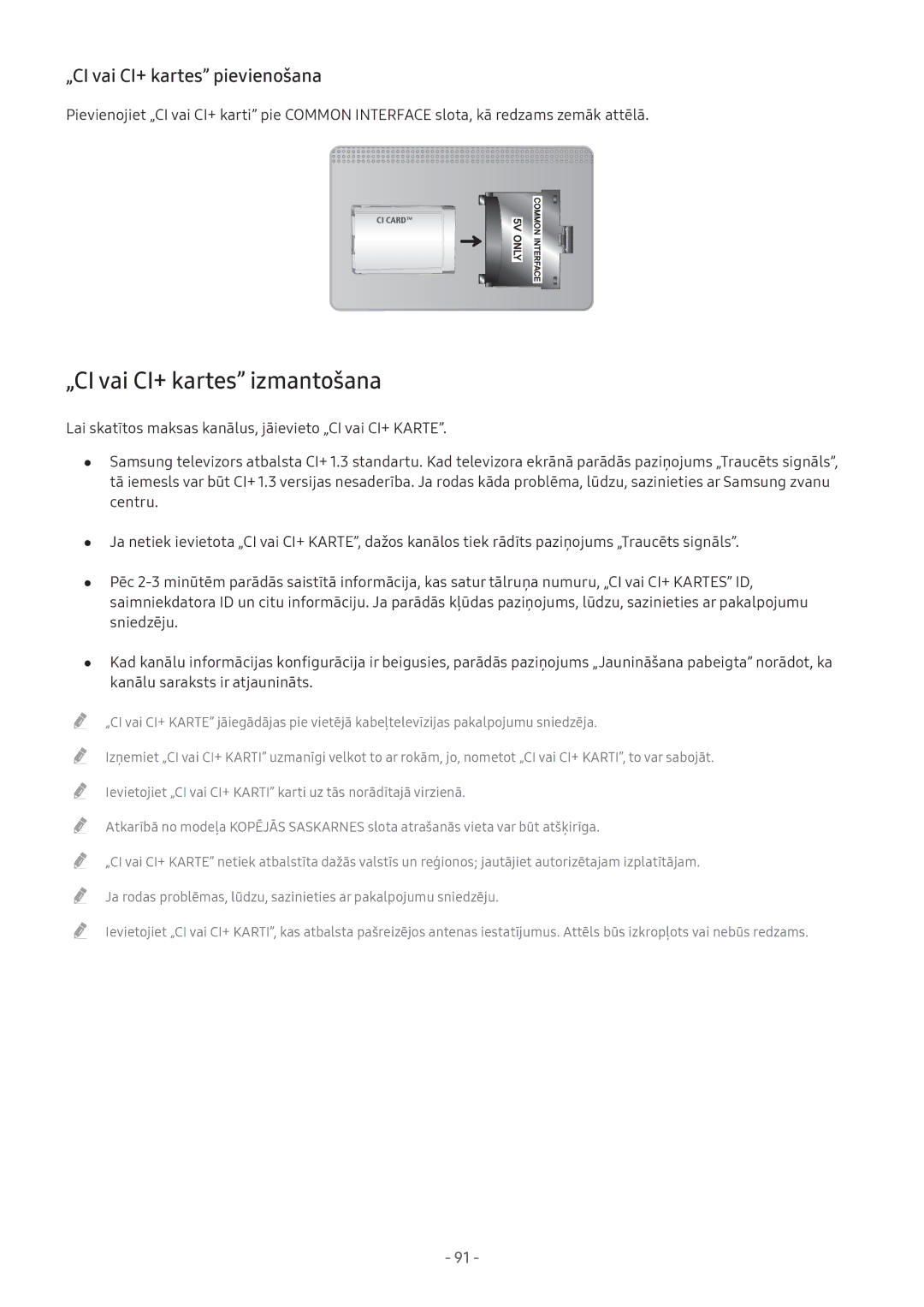 Samsung UE32M5522AKXXH, UE43M5522AKXXH, UE43M5502AKXXH manual „CI vai CI+ kartes izmantošana, „CI vai CI+ kartes pievienošana 