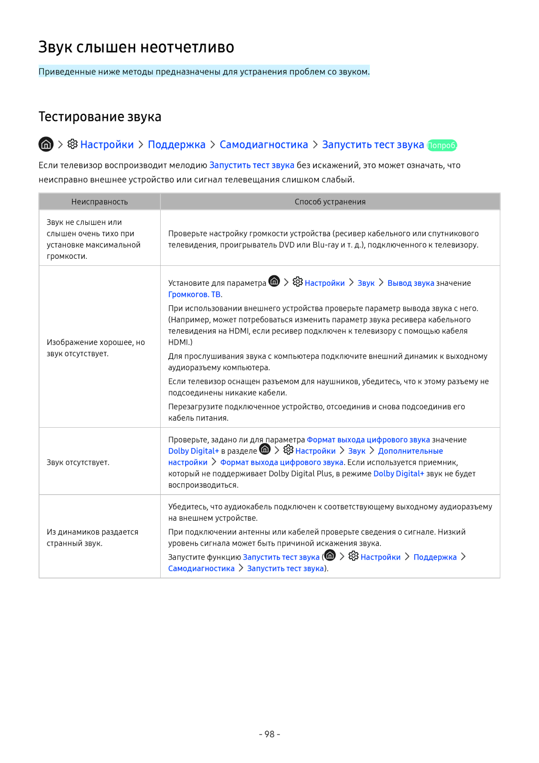 Samsung UE43M5522AKXXH Звук слышен неотчетливо, Тестирование звука, Настройки Звук Вывод звука значение Громкогов. ТВ 
