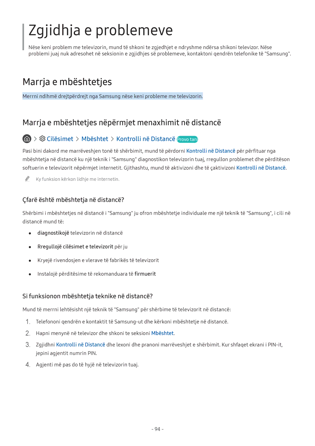 Samsung UE49M6372AUXXH, UE43M5522AKXXH manual Zgjidhja e problemeve, Cilësimet Mbështet Kontrolli në Distancë Provo tani 