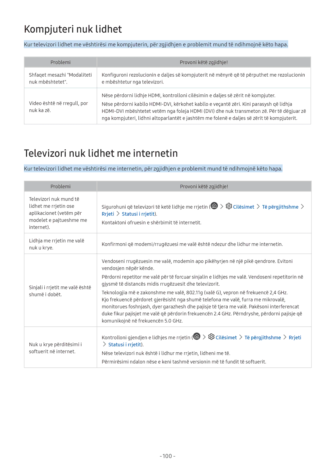 Samsung UE43M5672AUXXH manual Kompjuteri nuk lidhet, Televizori nuk lidhet me internetin, Rrjeti Statusi i rrjetit 