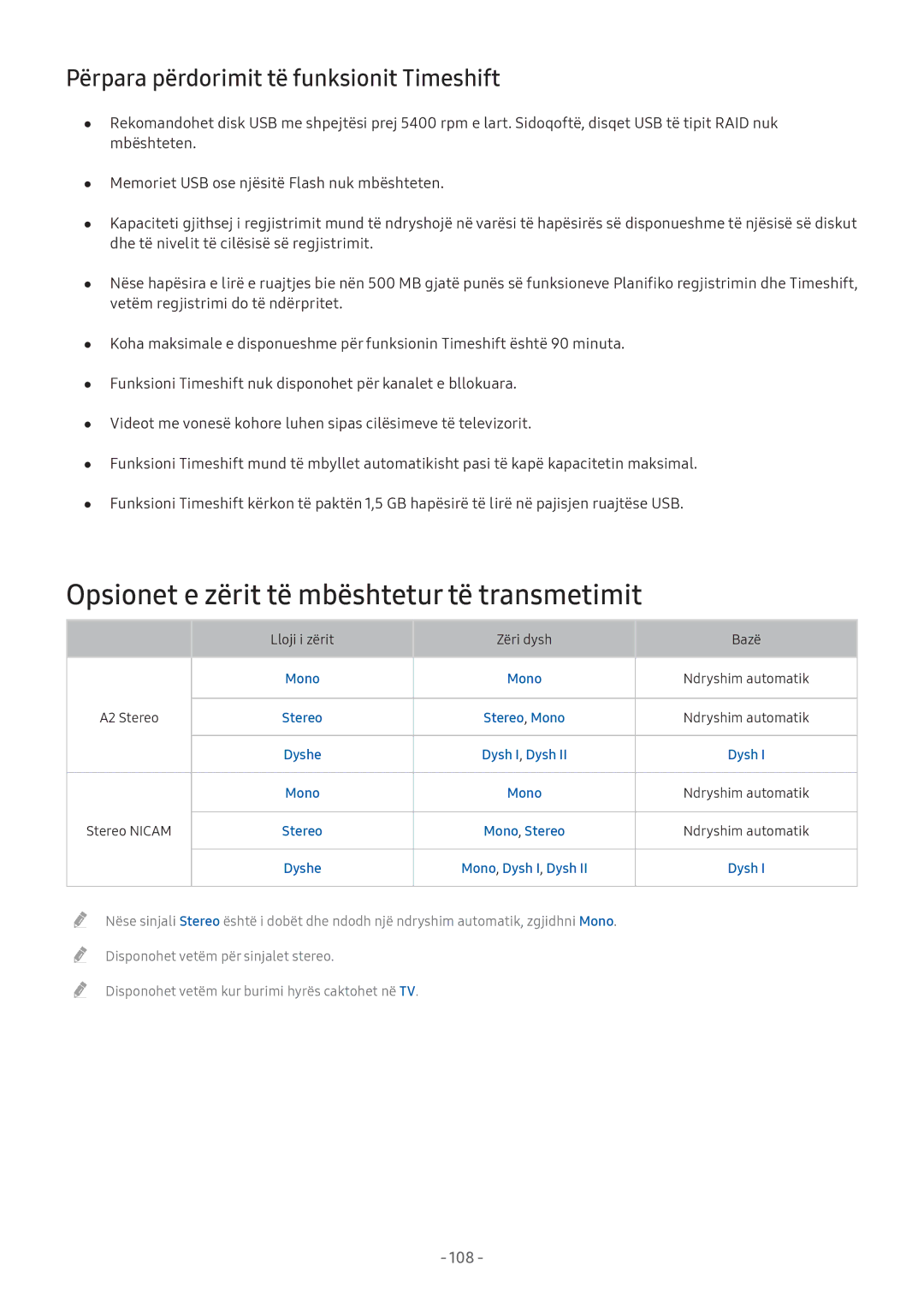 Samsung UE55M5672AUXXH manual Opsionet e zërit të mbështetur të transmetimit, Përpara përdorimit të funksionit Timeshift 