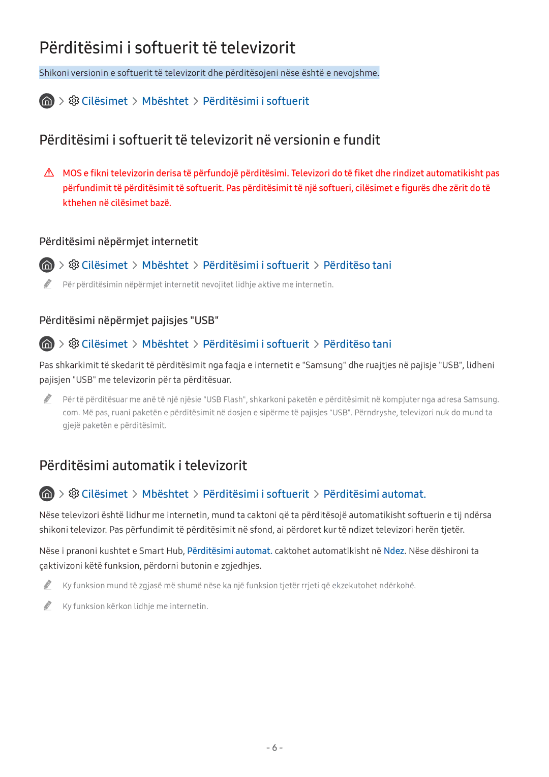 Samsung UE43M5582AUXXH, UE43M5522AKXXH manual Përditësimi i softuerit të televizorit, Përditësimi automatik i televizorit 